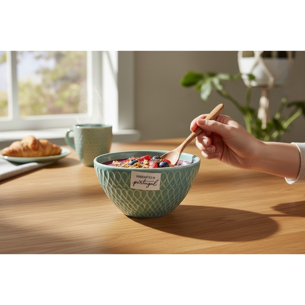 Primagera Cereal Bowl Unisex 5.5in Turquoise Like New Portugal Embossed Lattice